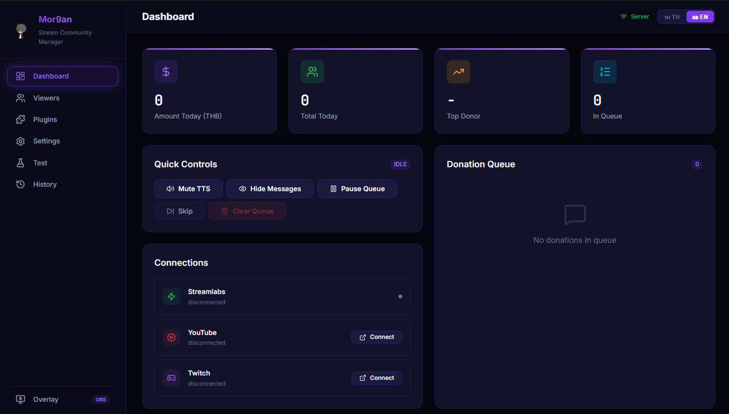 Dashboard ของ Stream Community Manager — stat cards, donation queue, top donors