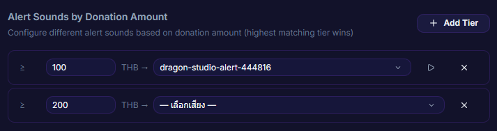 หน้า Settings → Alert Sounds → Sound by Amount แสดงตาราง minAmount และ soundId