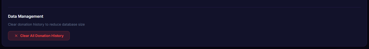หน้า Settings → Filters → Data Management แสดงปุ่ม Clear Donation History สีแดง