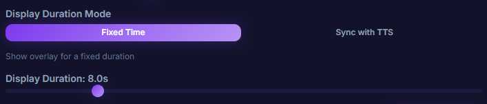 หน้า Settings → Overlay → Display Duration Mode แสดงตัวเลือก Fixed Time และ TTS Sync