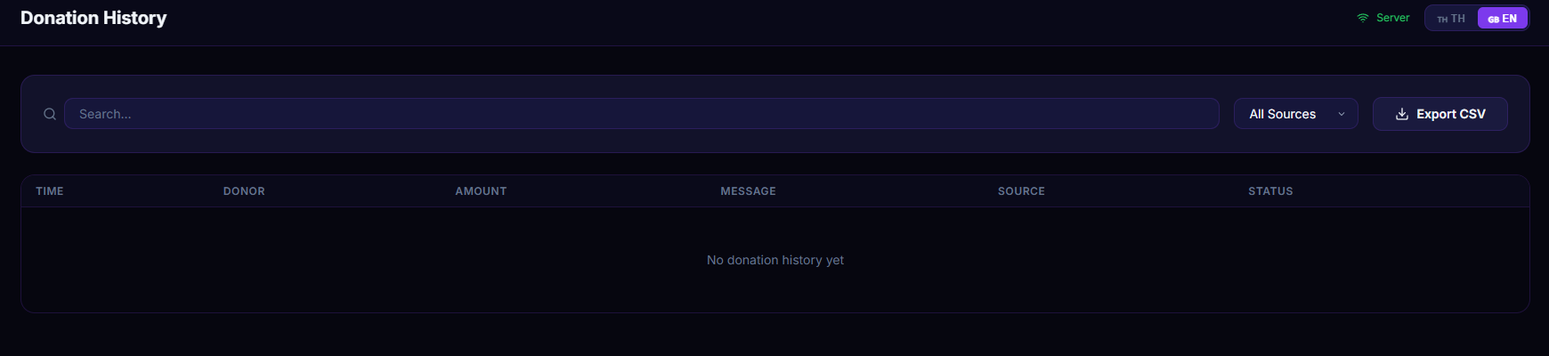 หน้า History แสดงตาราง donation พร้อม search, source filter, status badges และปุ่ม Export CSV