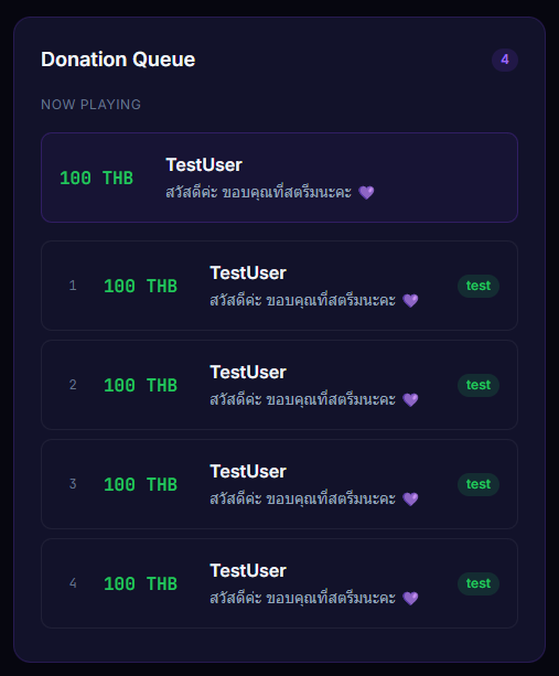 Dashboard แสดง panel Donation Queue ทางขวา มี currently playing และรายการรอคิว