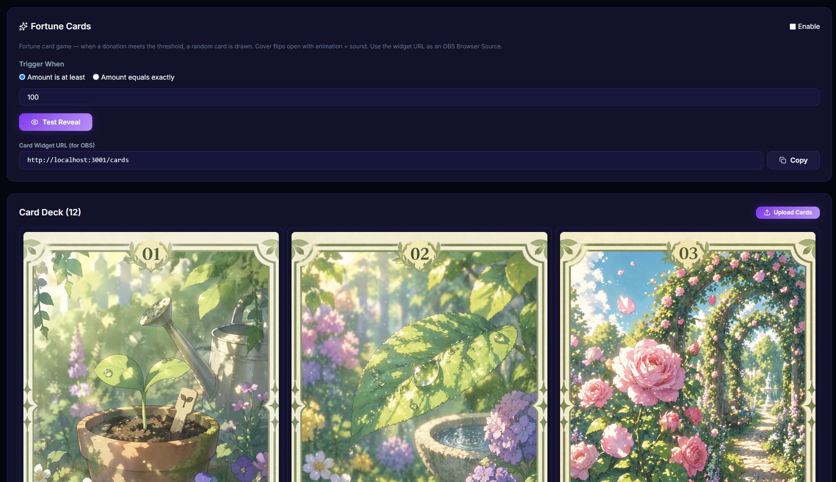 หน้า Plugins → Fortune Cards แสดง grid ของ card deck, cover, sound upload และ display settings