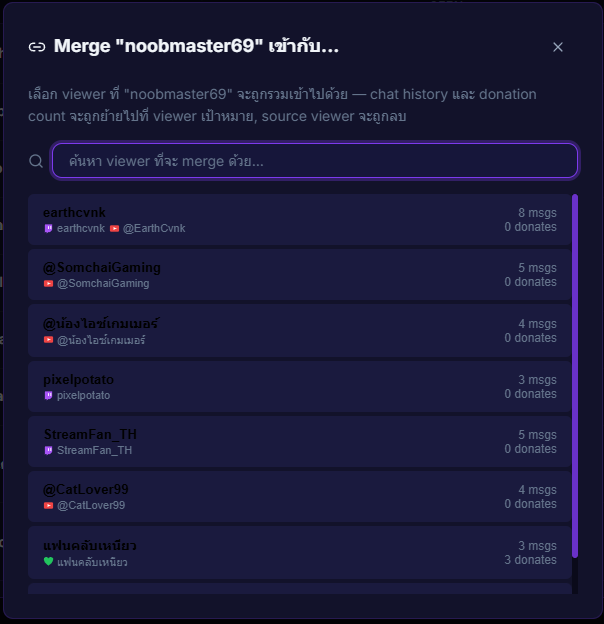 หน้า Viewer Manager เปิด Merge dialog แสดง viewer 2 คนพร้อมปุ่ม Merge และ Split ใน detail modal