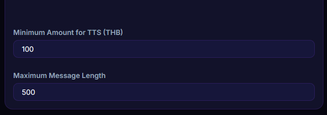 หน้า Settings → TTS แสดงช่องตั้งค่า ttsMinDonation และ ttsMaxMessageLength