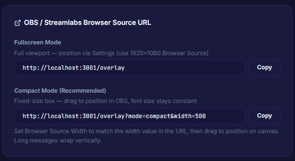หน้า Settings → Overlay แสดง URL fullscreen และ compact mode พร้อมปุ่ม Copy
