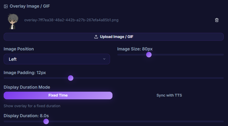หน้า Settings → Overlay → Overlay Image section แสดงปุ่ม upload, position selector, size slider