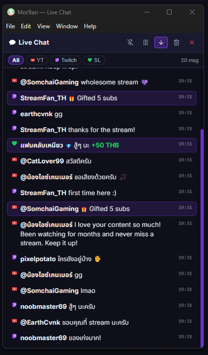 หน้าต่าง pop-out chat แยกออกจากแอปหลัก พร้อมปุ่ม pin always-on-top