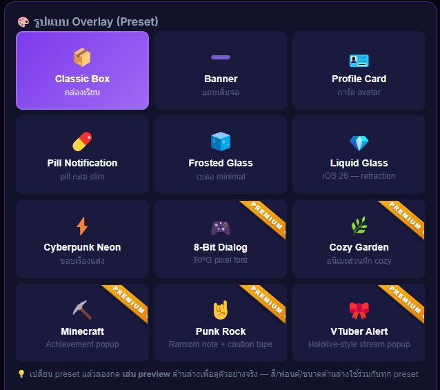 หน้า Settings → Overlay แสดง grid picker ของ 12 presets พร้อมเครื่องหมาย Premium