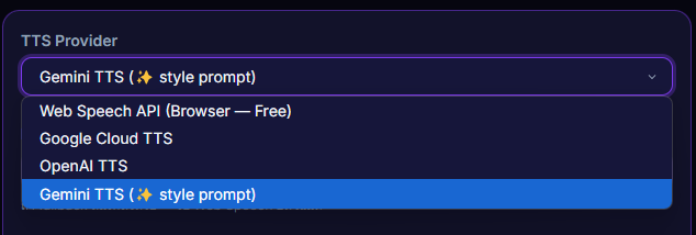 หน้า Settings → TTS Voice แสดง dropdown Primary และ Fallback provider