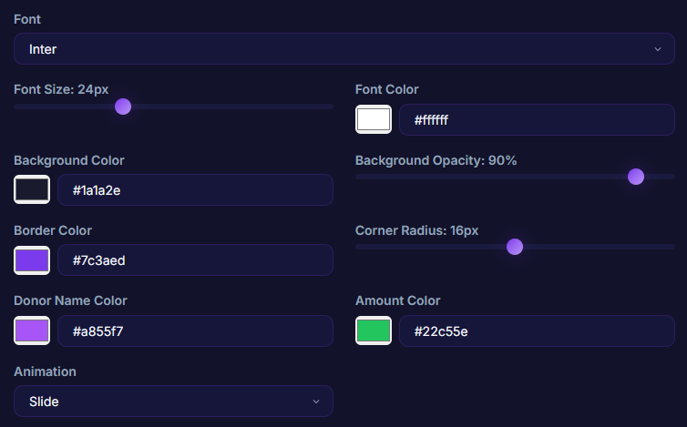 หน้า Settings → Overlay แสดง color pickers, font dropdown, animation selector และ live preview