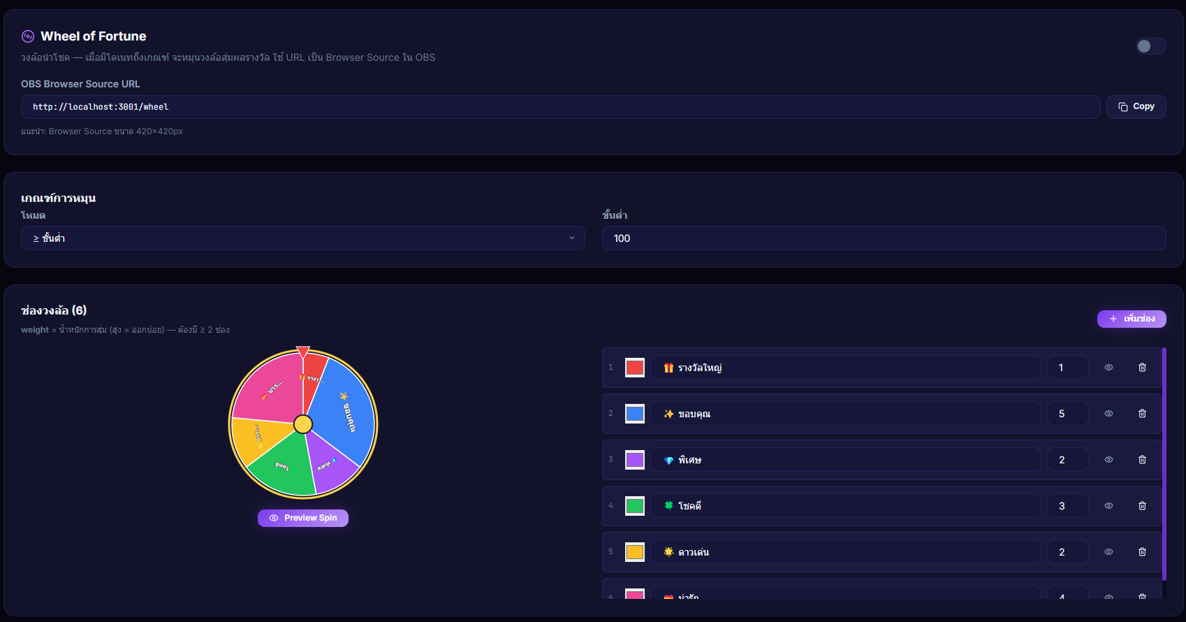 หน้า Plugins → Wheel of Fortune แสดง SVG wheel preview, segments editor และ sound/flash settings